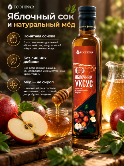 Яблочный уксус EcoDinar яблочно-медовый 4%, 250 мл Яблочный уксус EcoDinar яблочно-медовый 4%, 250 мл
